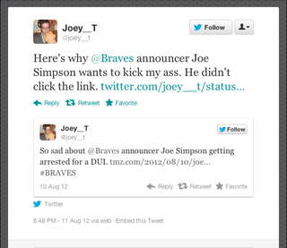 Illustration for article titled It Sounds Like Braves Broadcaster Joe Simpson Wants To Beat Up Someone On Twitter